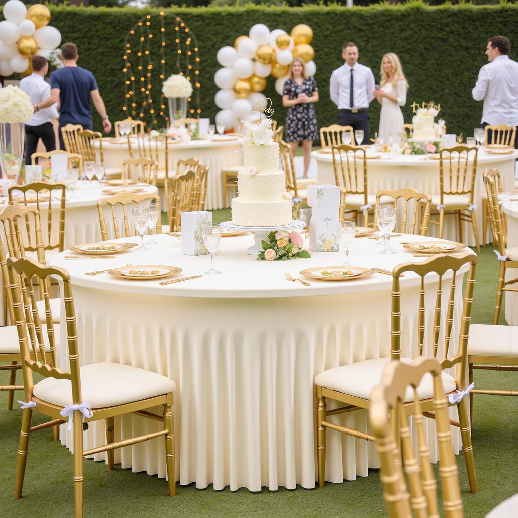 leegleri 6 Pack 60Inch Ivory Spandex Round Tablecloths, Stretchy 120inch Fitted 5FT Round Table Cloths, Wrinkle Free Table Cover with Skirt for Wedding Party Dining Banquet