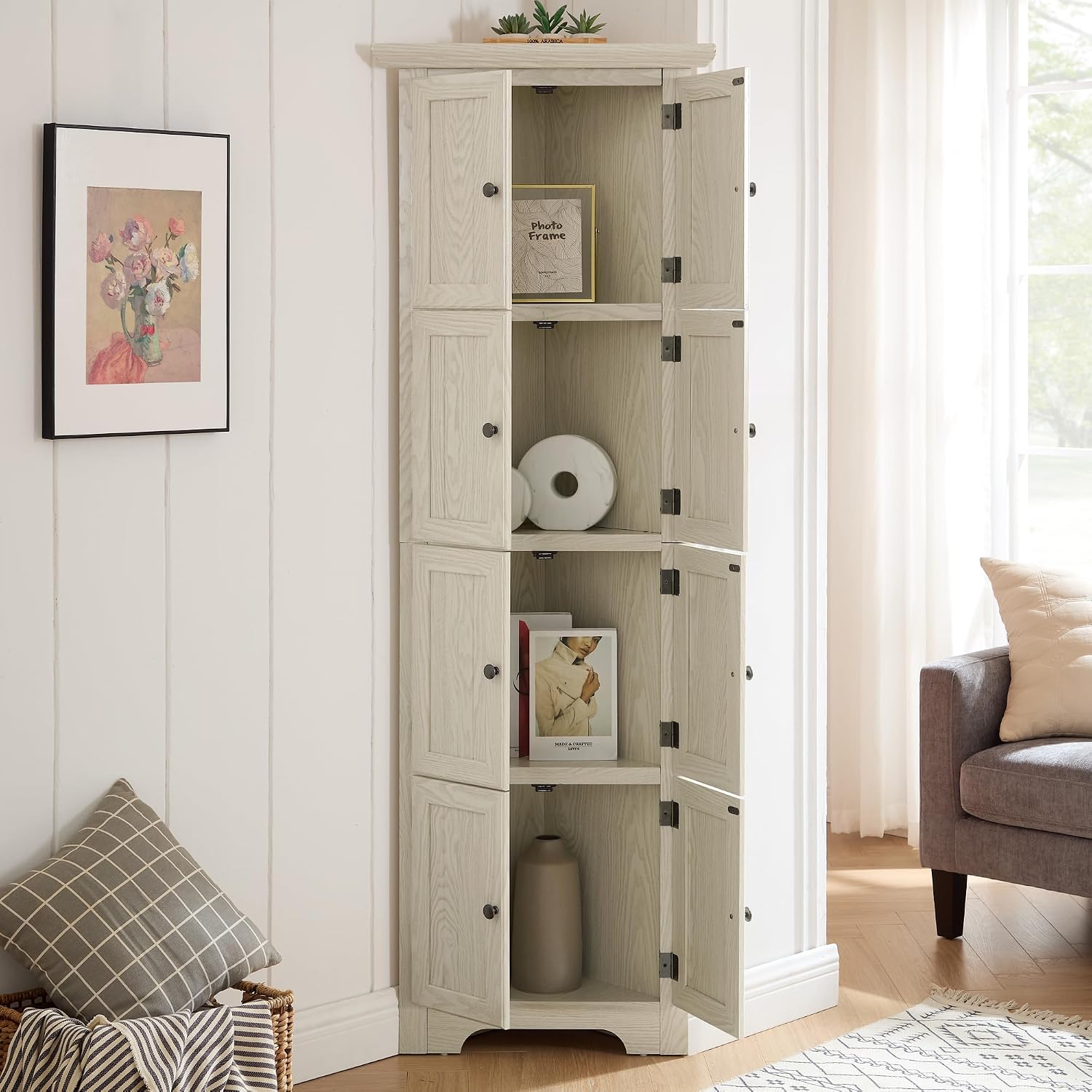 Tall Corner Bookcase Storage Cabinet with Doors and 4 Shelves, Freestanding Triangle Cabinet for Living Room, Kitchen, Office, Small Space, Floor Corner Storage Rack (White)