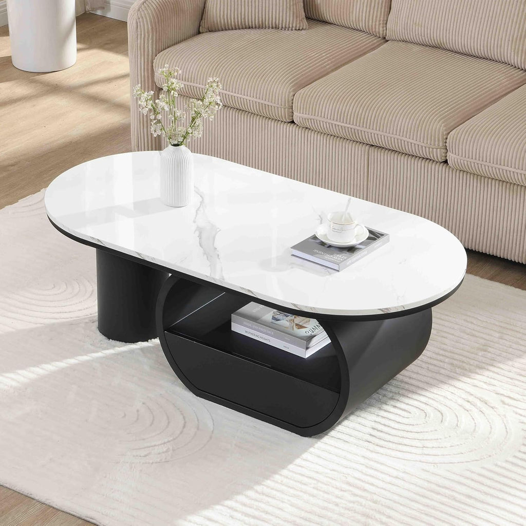 Luxury Faux Marble Oval Coffee Table, 47'' Modern Living Room Table with Storage Drawer, Wooden White MDF Top & Black Metal Base, Large Center Tables for Home Apartment
