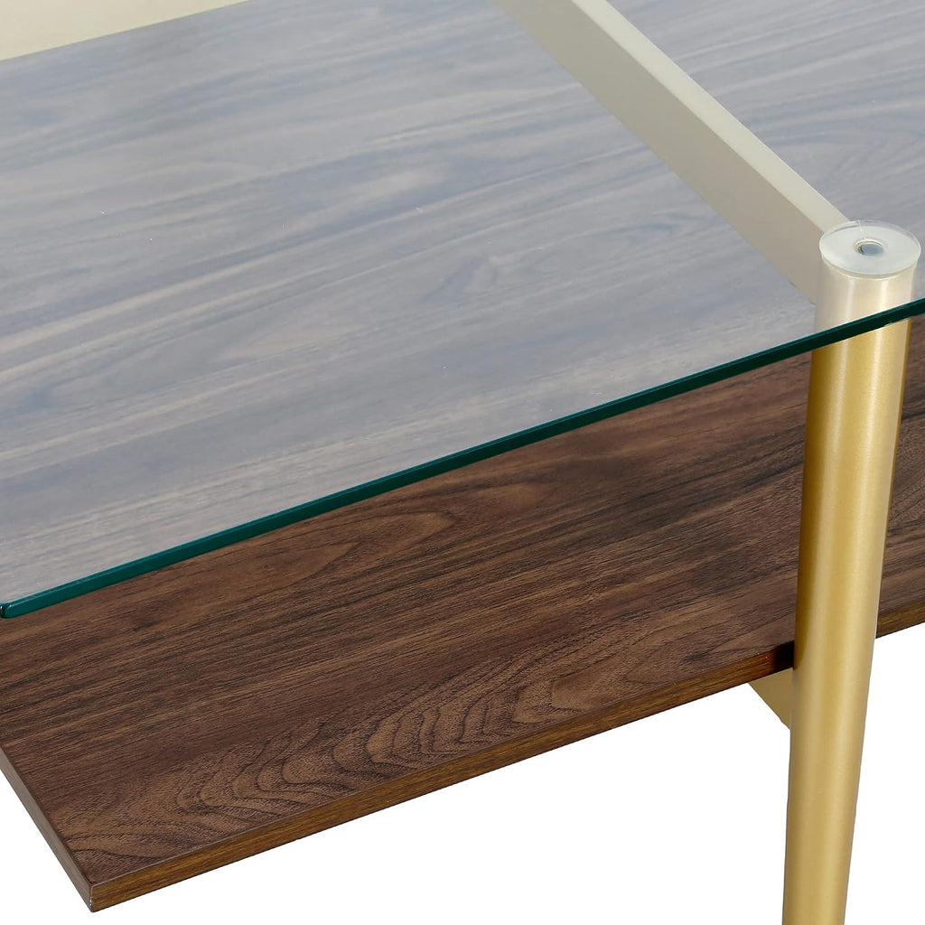 Otto 32' Wide Square Coffee Table with Faux Walnut Shelf in Brass