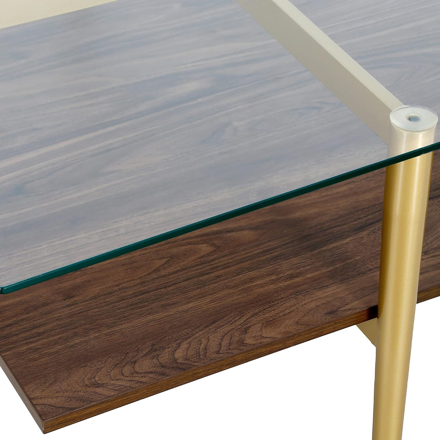 Otto 32' Wide Square Coffee Table with Faux Walnut Shelf in Brass