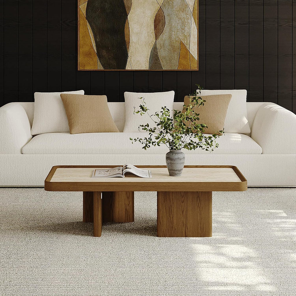 VAFON 51.18'' Square Coffee Table for Living Room, Mid Century Modern Center Tea Table, Sintered Stone Tabletop with Wood Wraps, Wood Base, Minimalist Center Tables, Easy Assembly, Brown