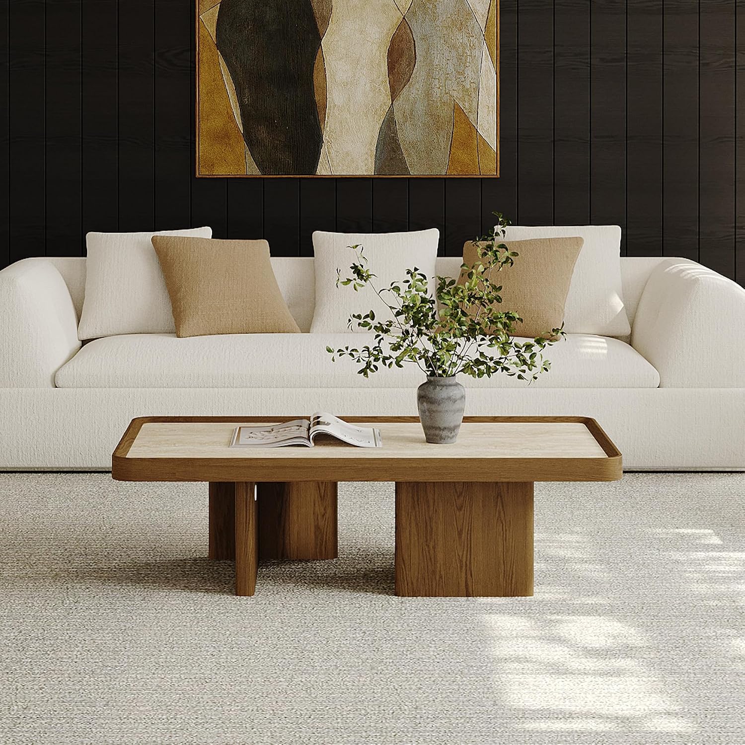 VAFON 51.18'' Square Coffee Table for Living Room, Mid Century Modern Center Tea Table, Sintered Stone Tabletop with Wood Wraps, Wood Base, Minimalist Center Tables, Easy Assembly, Brown