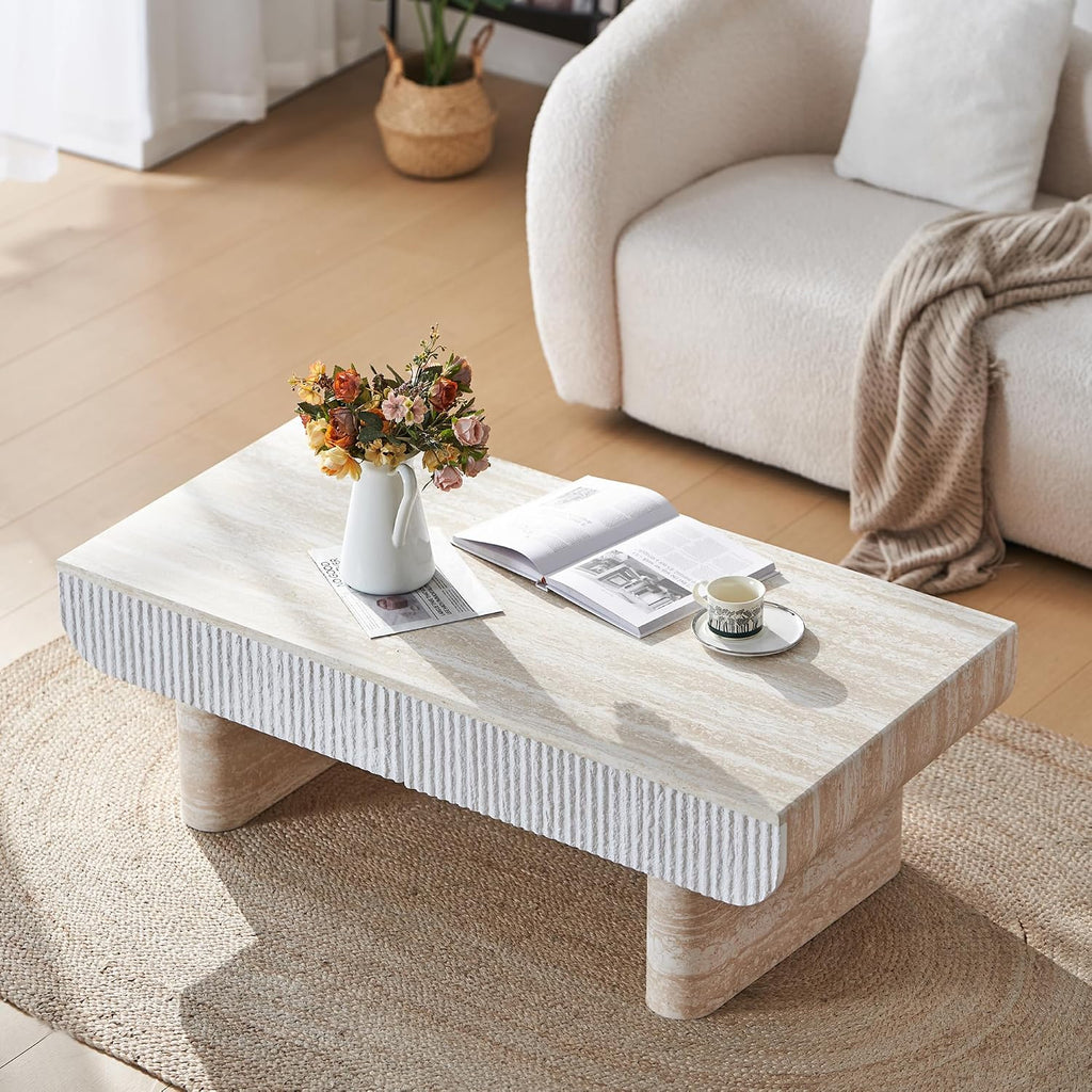 46.8' Coffee Table with Faux Marble Tabletop,Mid Century Modern Coffee Table with Fluted Drawer for Living Room,Office,Beige Brown