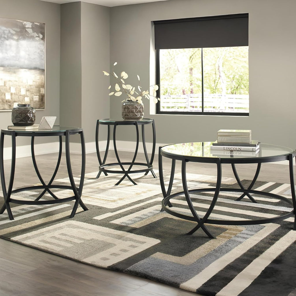 Signature Design by Ashley Tarrin Contemporary Glass Top Round 3-Piece Table Set, Includes Coffee Table and 2 End Tables, Black