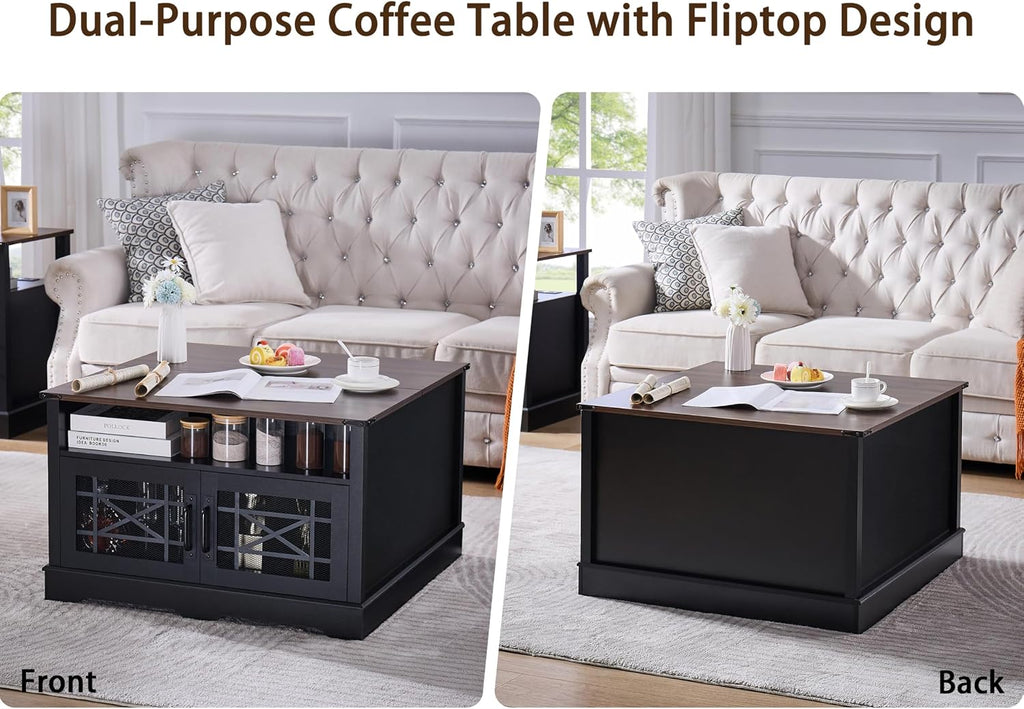 Square Coffee Table, Farmhouse Coffee Tables for Living Room, Wood Coffee Table with Storage, Black Coffee Table with Hidden Compartment, Rustic Center Coffee Table with Lift-up Top