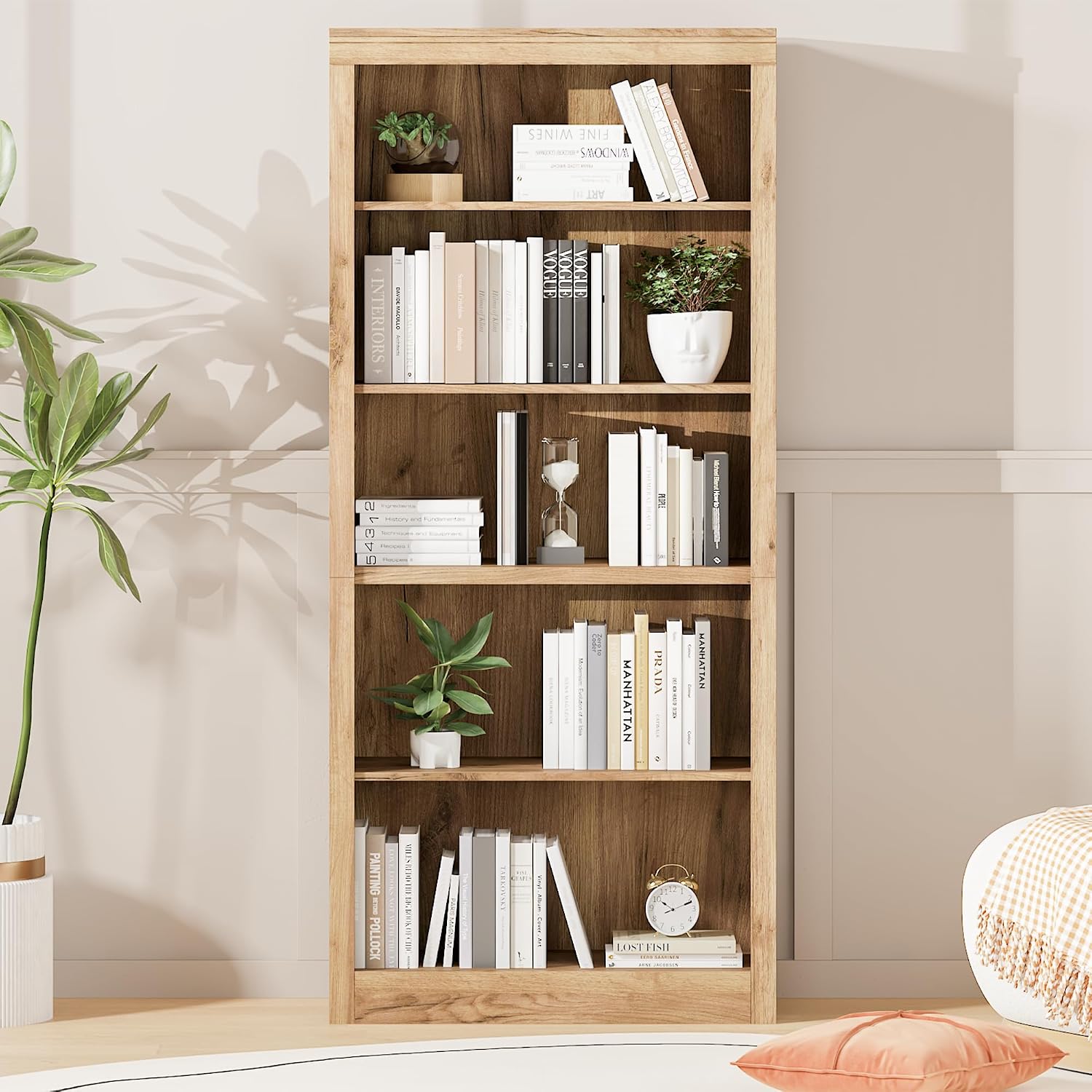 Garvee 71 in Tall Bookshelf, 5-Tiers Bookcase and Bookshelf, Wooden Open Storage Shelves with Anti-Tip Design, White Book Shelf for Bedroom, Living Room and Office, Brown