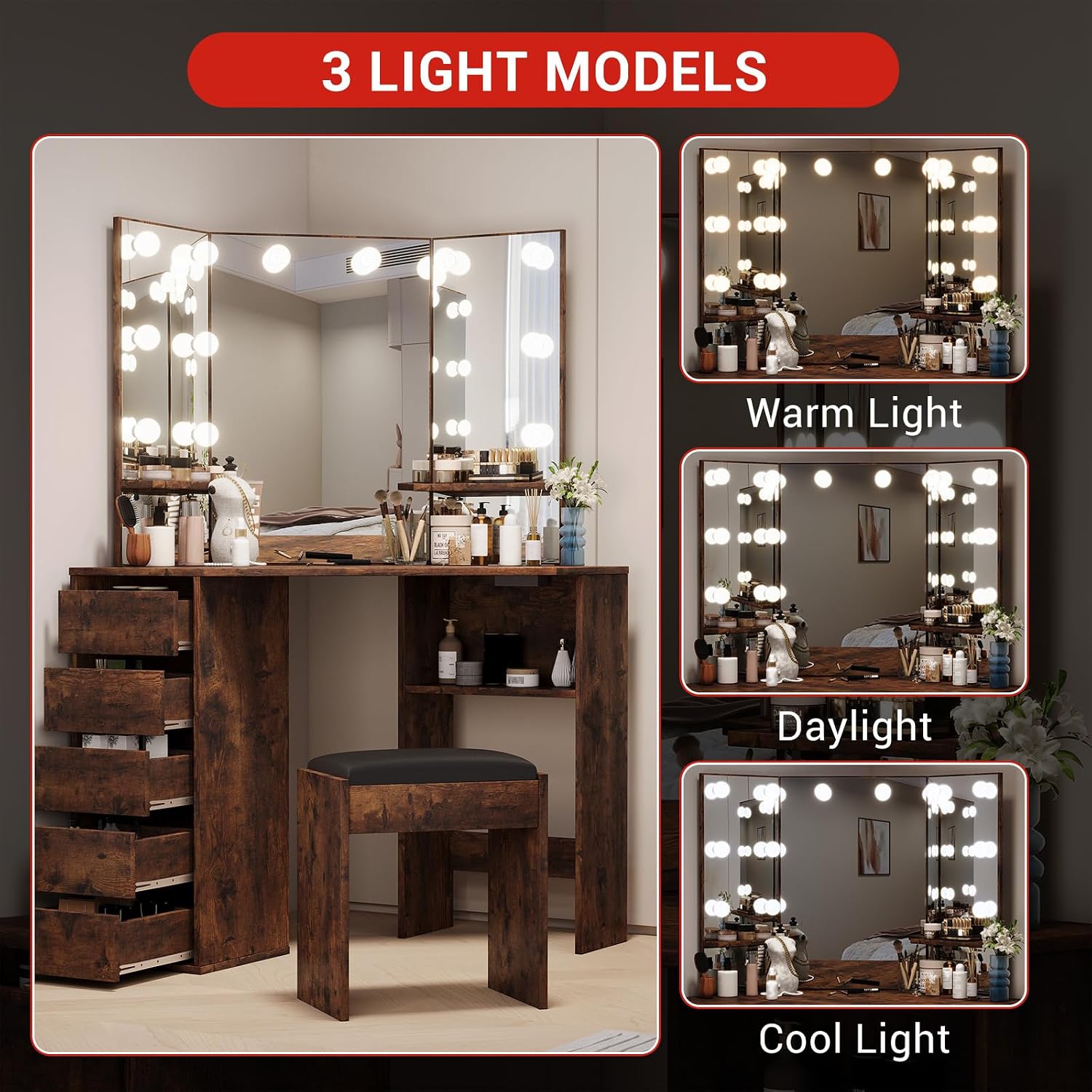 Corner Vanity Desk with Mirror and Led Lights - Makeup Table with 5 Drawers, Shelves, and Vanity Stool - Perfect for Bedroom or Bathroom, Brown