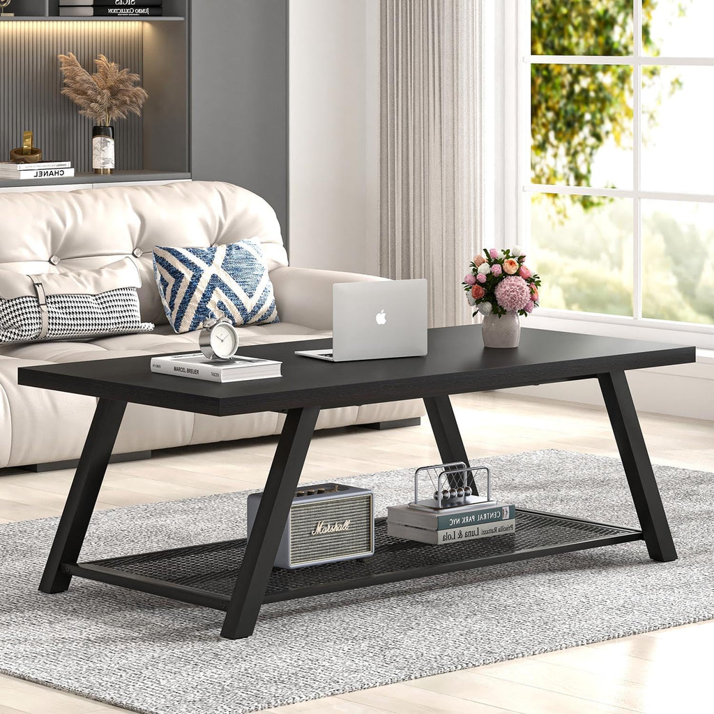 FOLUBAN Black Coffee Table with Storage, Modern Rustic Wood and Metal Coffee Tables for Living Room, 2-Tier Industrial Rectangle Cocktail Tea Table, 47 Inch