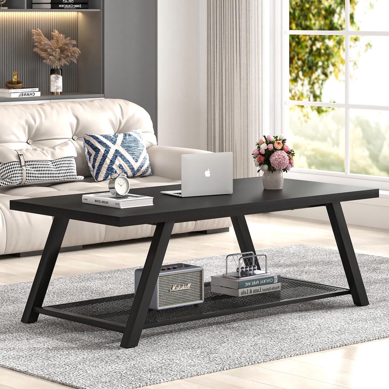FOLUBAN Black Coffee Table with Storage, Modern Rustic Wood and Metal Coffee Tables for Living Room, 2-Tier Industrial Rectangle Cocktail Tea Table, 47 Inch