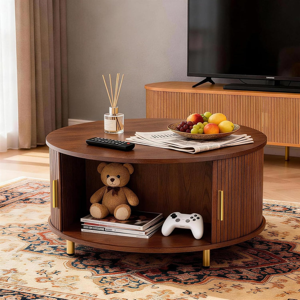 DHH Round Coffee Table, 31.5' Mid Century Modern Coffee Table with 360° Sliding Tambour Door, Fluted Accent Coffee Table with Storage Adjustable Footpads for Living Room (Walnut)