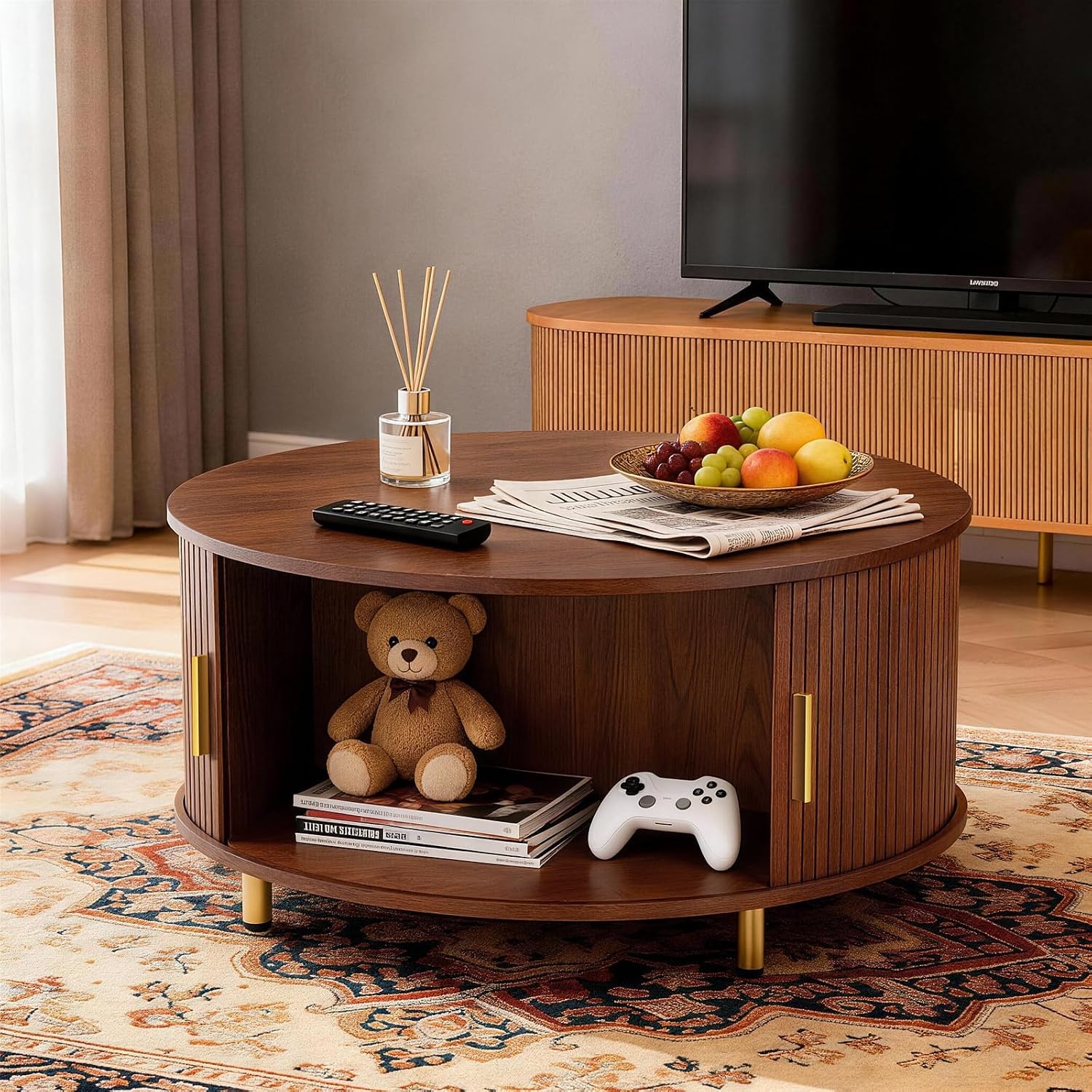 DHH Round Coffee Table, 31.5' Mid Century Modern Coffee Table with 360° Sliding Tambour Door, Fluted Accent Coffee Table with Storage Adjustable Footpads for Living Room (Walnut)