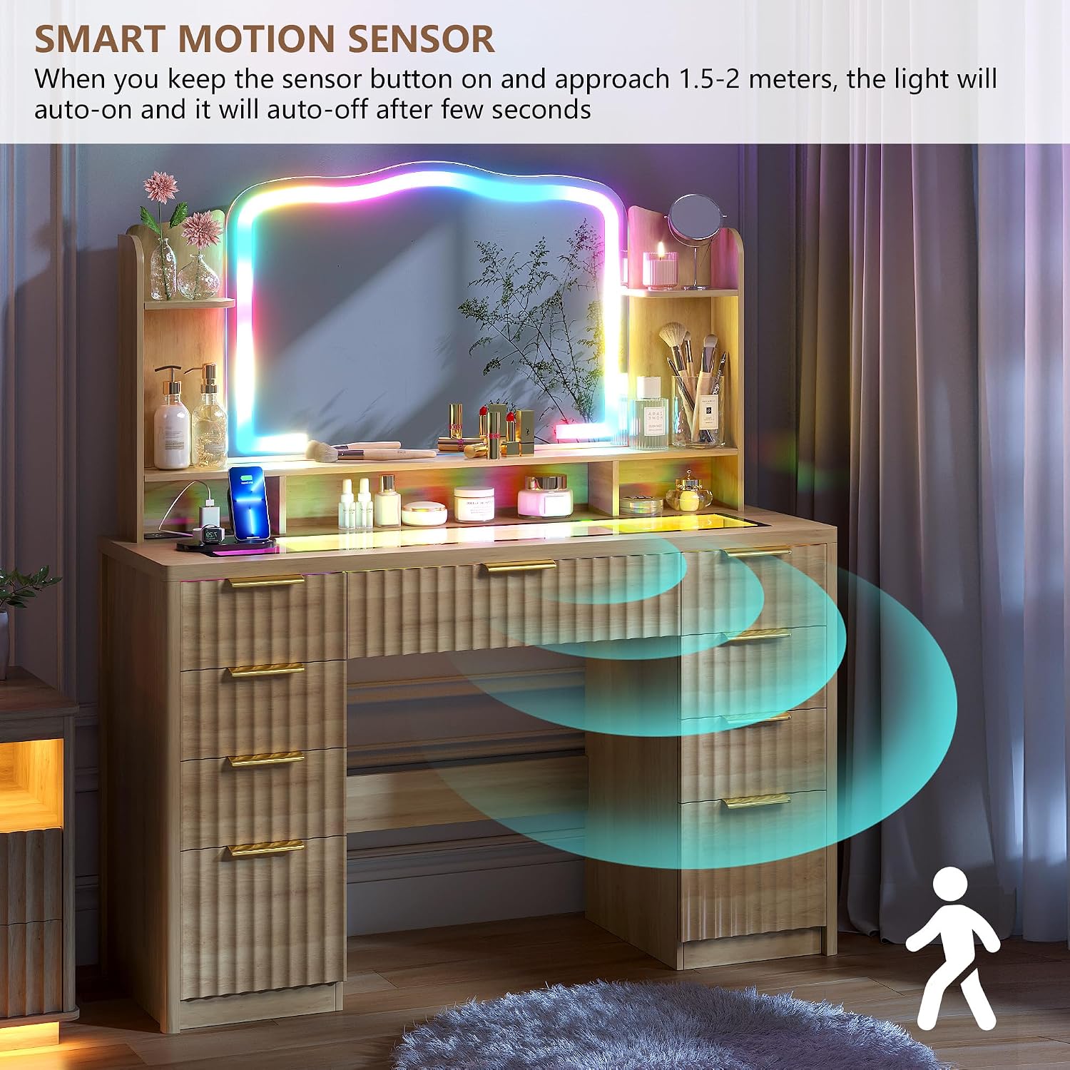 Fluted Makeup Vanity with Large Storage & RGB Lighting, Vanity Desk with 9 Drawers, Jewelry Organizer, Open Shelves & Charger Station, Dressing Table Gift for Women/Girls/Lady, Wood