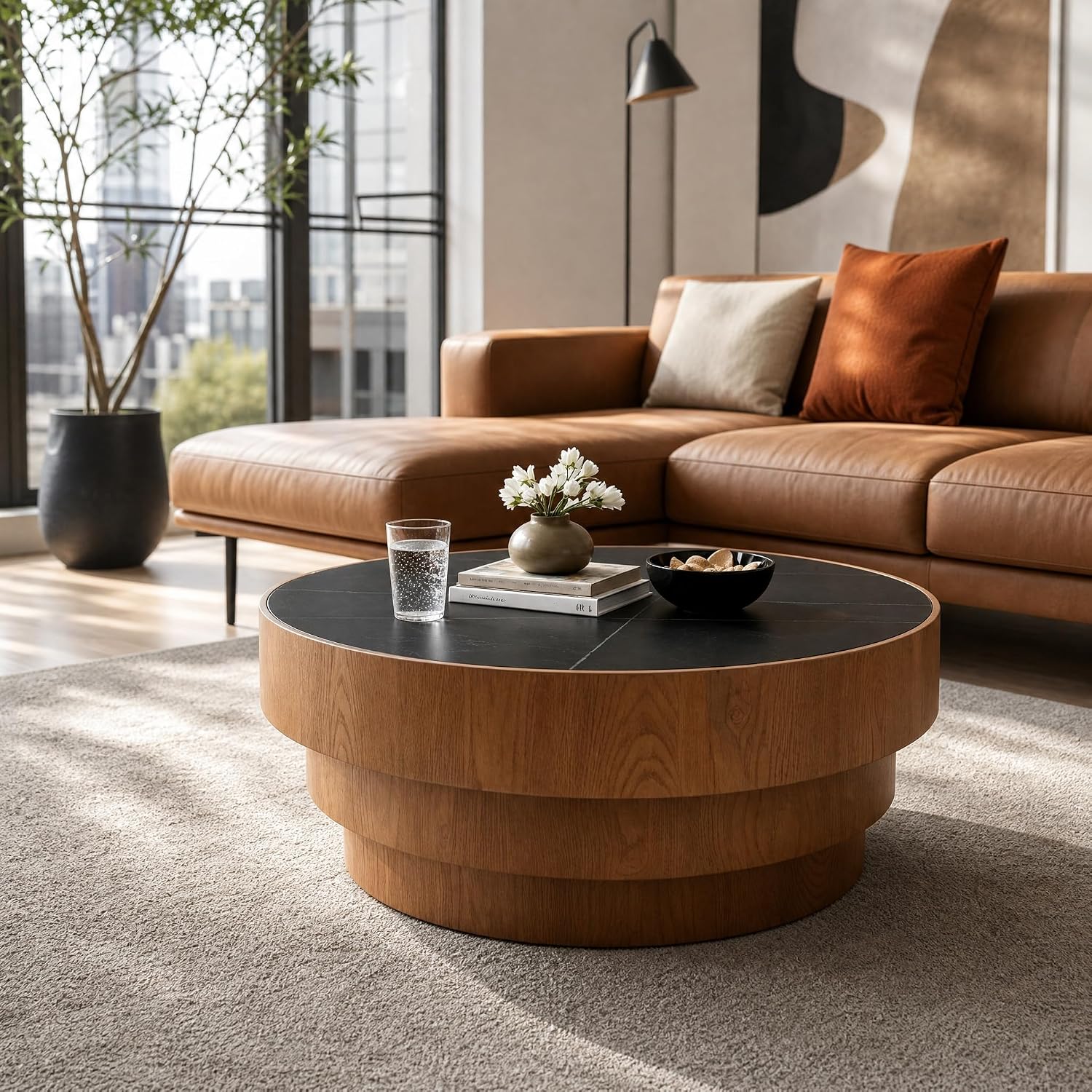 31.5' Round Marble Coffee Table for Living Room, Mid-Century Modern Coffee Table with Black Sintered Stone Top and Stable Wood Pedestal Base, Drum Cocktail Center Tea Tables for Bedroom Apartment