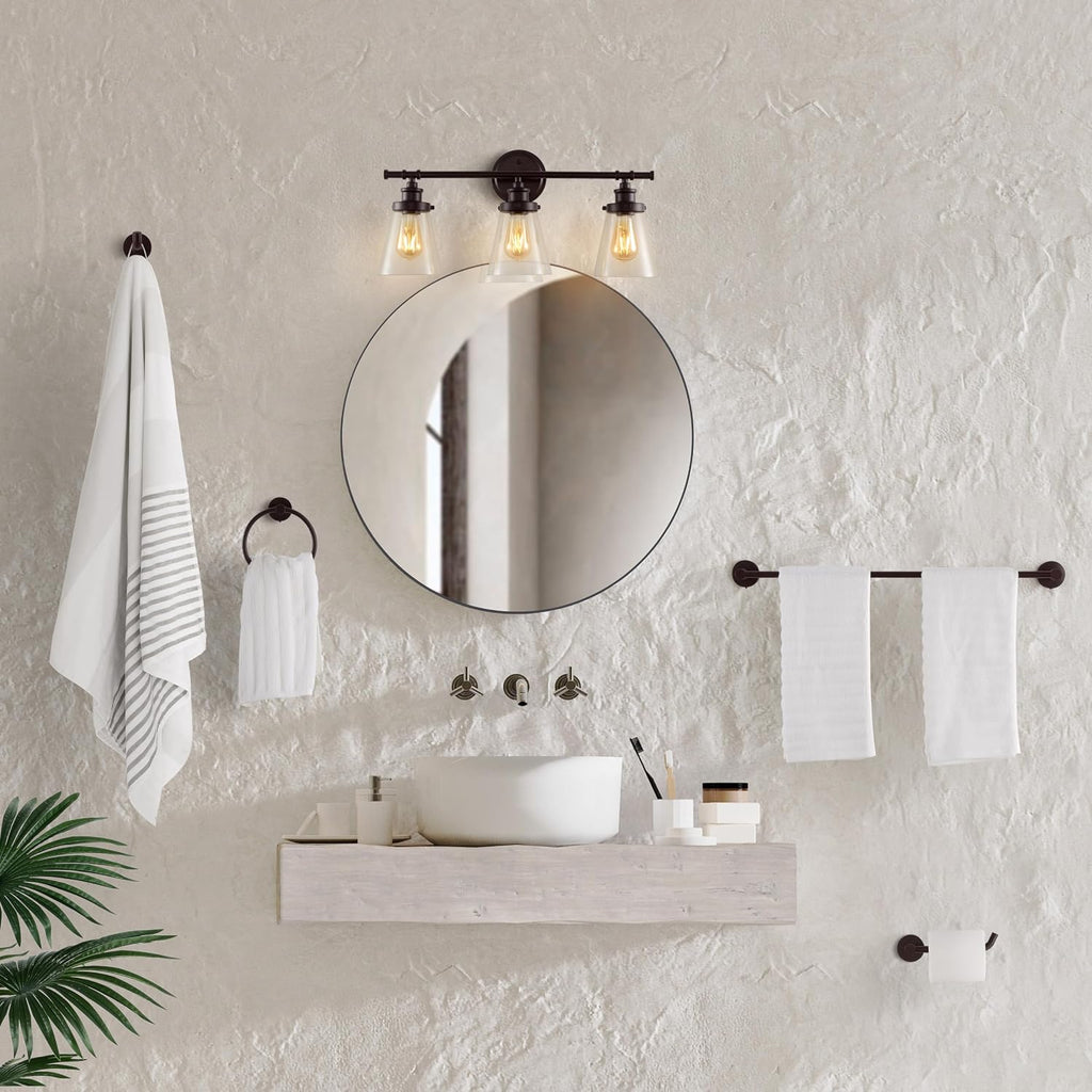 JONATHAN Y JYL1507A Hollis 23.75' 3-Light Traditional Farmhouse Vanity Light with Bathroom Hardware Accessory Set, Oil Rubbed Bronze (5-Piece) - Towel Bar & Ring, Toilet Paper Holder, Robe Hook