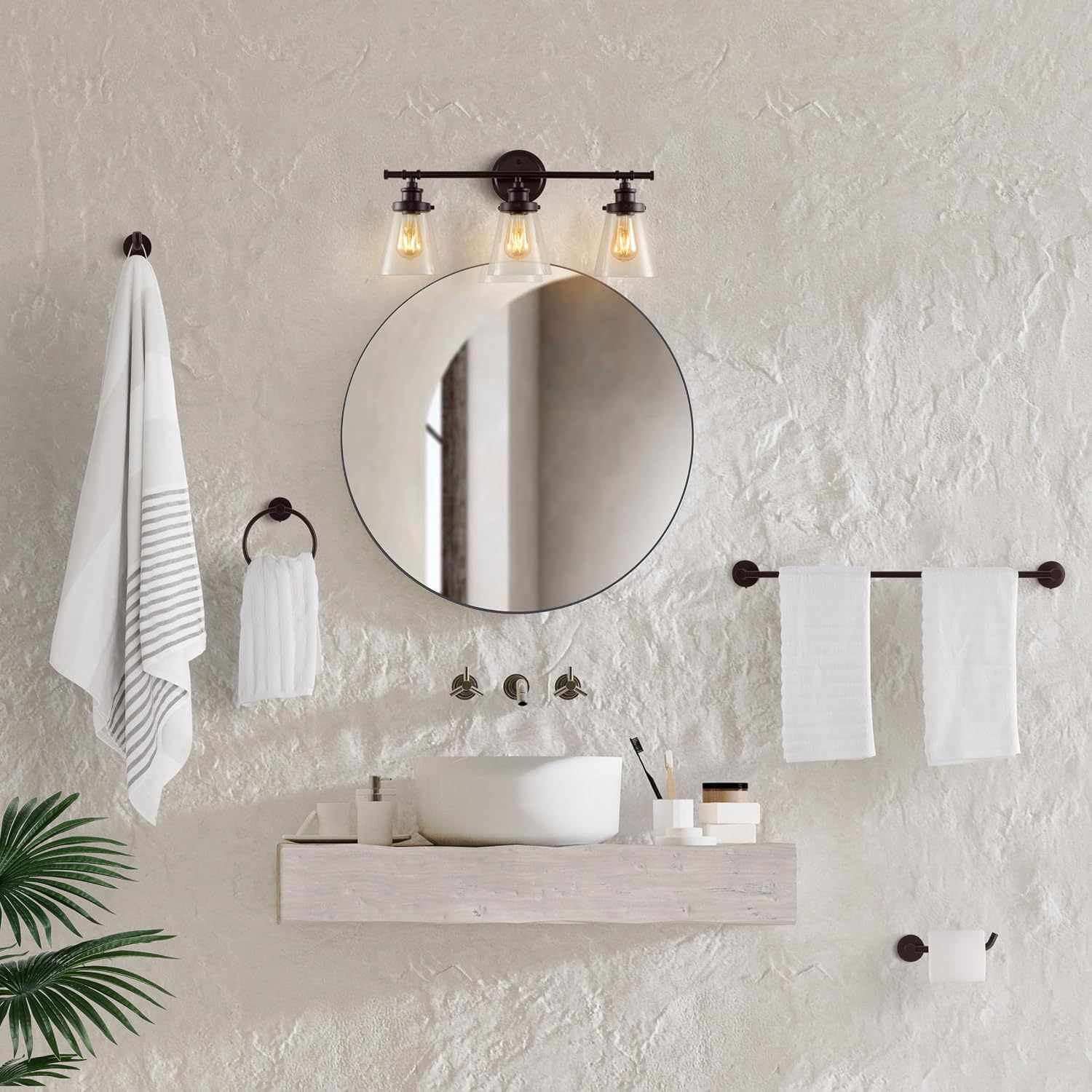 JONATHAN Y JYL1507A Hollis 23.75' 3-Light Traditional Farmhouse Vanity Light with Bathroom Hardware Accessory Set, Oil Rubbed Bronze (5-Piece) - Towel Bar & Ring, Toilet Paper Holder, Robe Hook