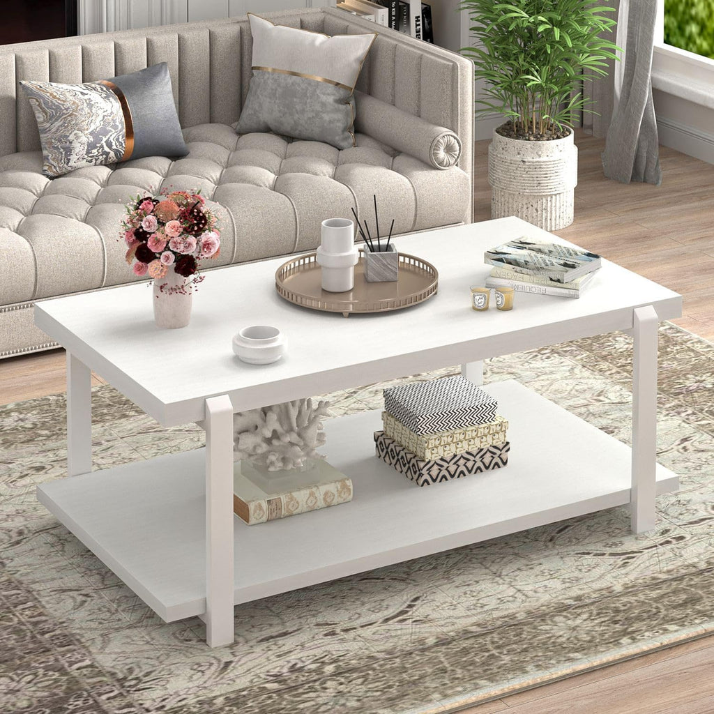 FOLUBAN White Coffee Table, Modern Rustic Wood and Metal Center Table with Storage Shelf, Rectangle Cocktail Tea Table for Living Room, 42 Inch