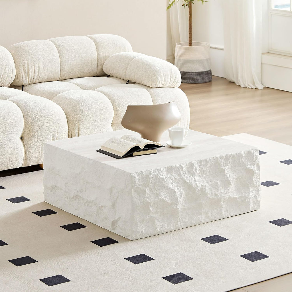 WILLIAMSPACE 35.4' Square Coffee Table Center Table for Living Room, Modern Drum Coffee Table with Imitation Stone Table for Apartment, No Need Assembly, Fiberglass (Beige Cement Stone Pattern)