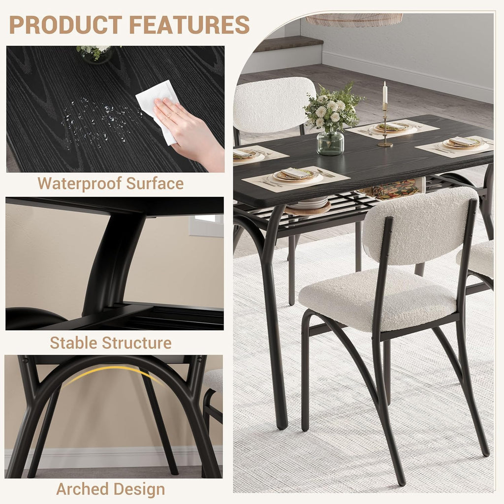5-Piece Dining Table Set for 4, Modern Kitchen Table with 4 Boucle Chairs, Rectangular Dining Table with Storage Shelf & Marble Tabletop, Beige Home Dining Furniture for Small Space, Black+Black