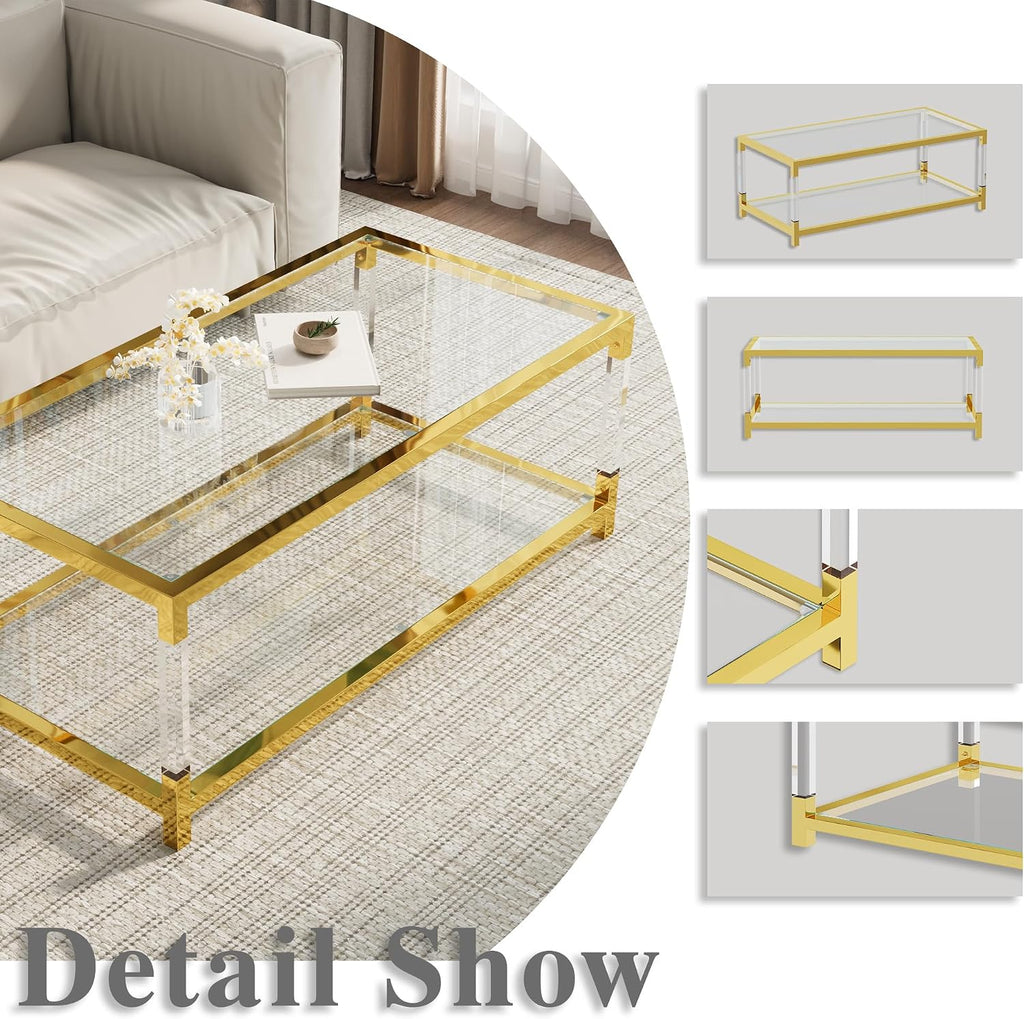Glass Coffee Table, Modern Glass Table, Gold Rectangular Center Table, Glass Top & Acrylic Legs 2-Tier Storage for Home Living Office (Gold, 47.2'')