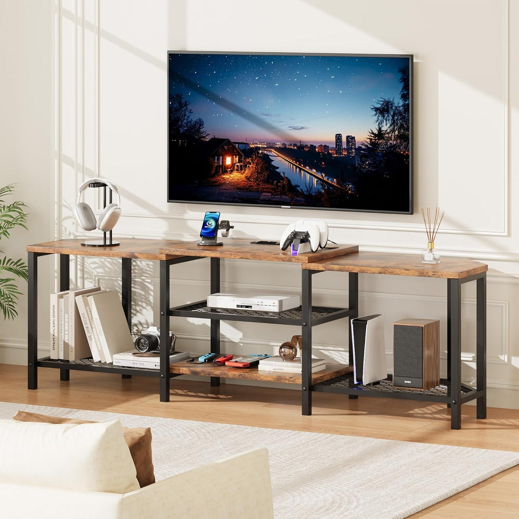 Corner TV Stand,with Power Outlets,Led Strip,67 Inch Large Entertainment Center,3-Tier Open Storage Shelves, Media TV Console Table for Living Room, Bedroom,Brown