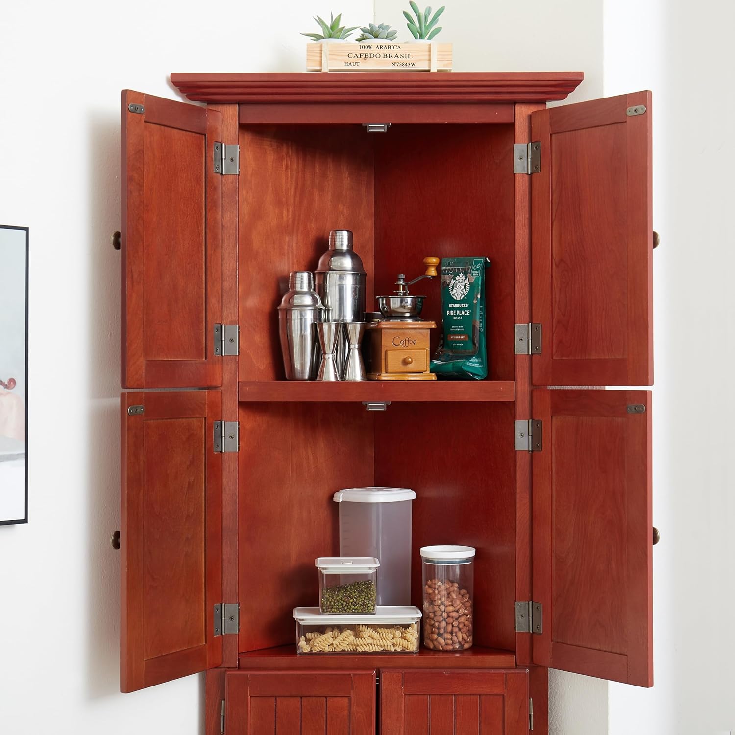 Tall Corner Bookcase Storage Cabinet with Doors and 4 Shelves, Freestanding Triangle Cabinet for Living Room, Kitchen, Office, Small Space, Floor Corner Storage Rack (Cherry2)