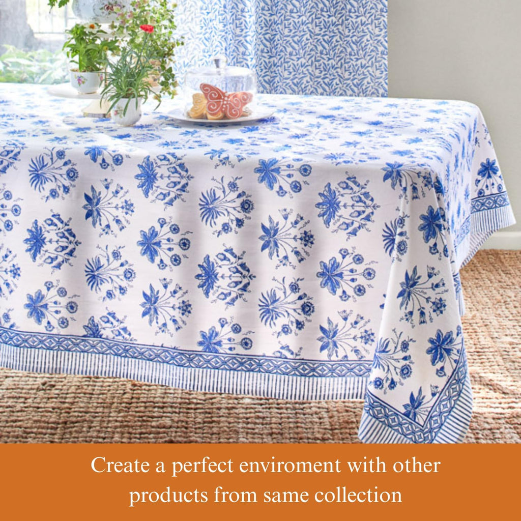 Saffron Marigold Round Hand Block Printed Tablecloth - Blue English Gardens Luxurious 100% Cotton, Washable, for Home Decor, Kitchen, Coffee Or Dining Table 70 Inch