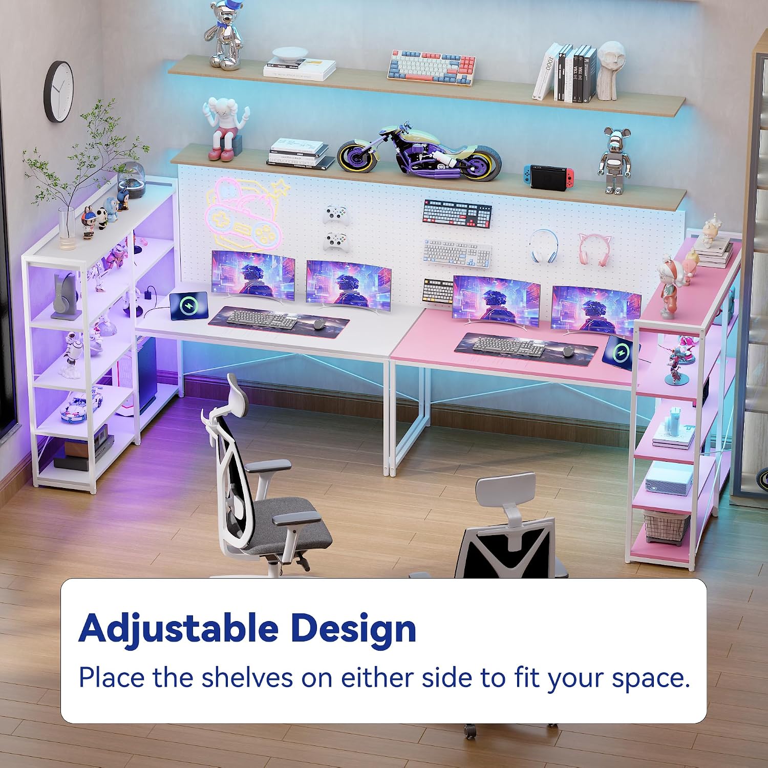 Pamray 49 Inch L Shaped Gaming Computer Desk with Shelves and Storage | Compact Reversible Design with LED Lights & Power Outlets, Suitable for Home Office Bedroom Small Spaces and Dorm Study Work