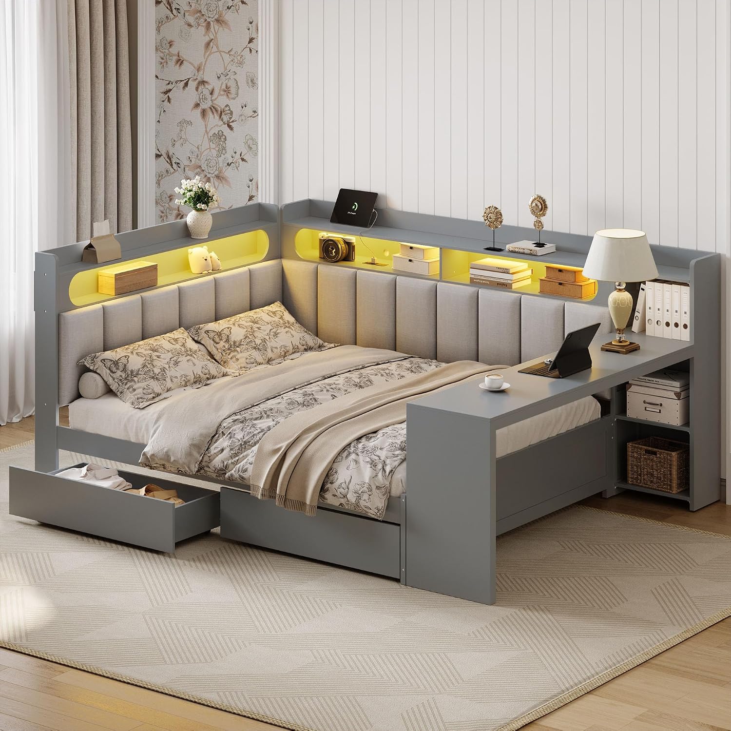 CITYLIGHT Full Size Daybed with Storage Drawers and Upholstered Headboard, Full Size Corner Bed with LED,Charging Station and Storage Shelves for Bed Room,Living Room.(Gray)