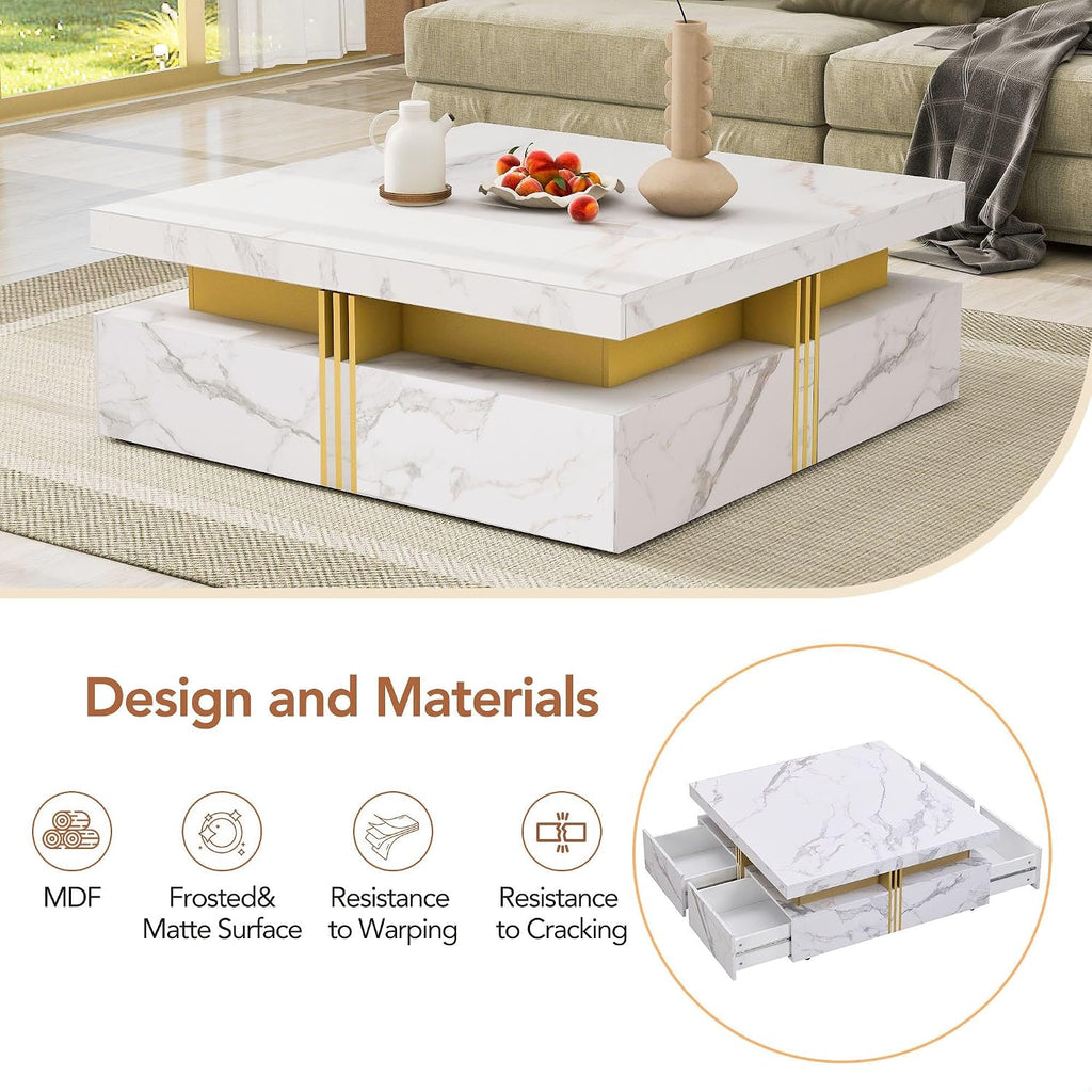 GDFStudio Barsv Modern Square Coffee Table with 4 Drawers, Stylish Storage Accent Table, Living Room Furniture with Ample Space, Remote Control Organizer, Glam Home Decor, White + Gold