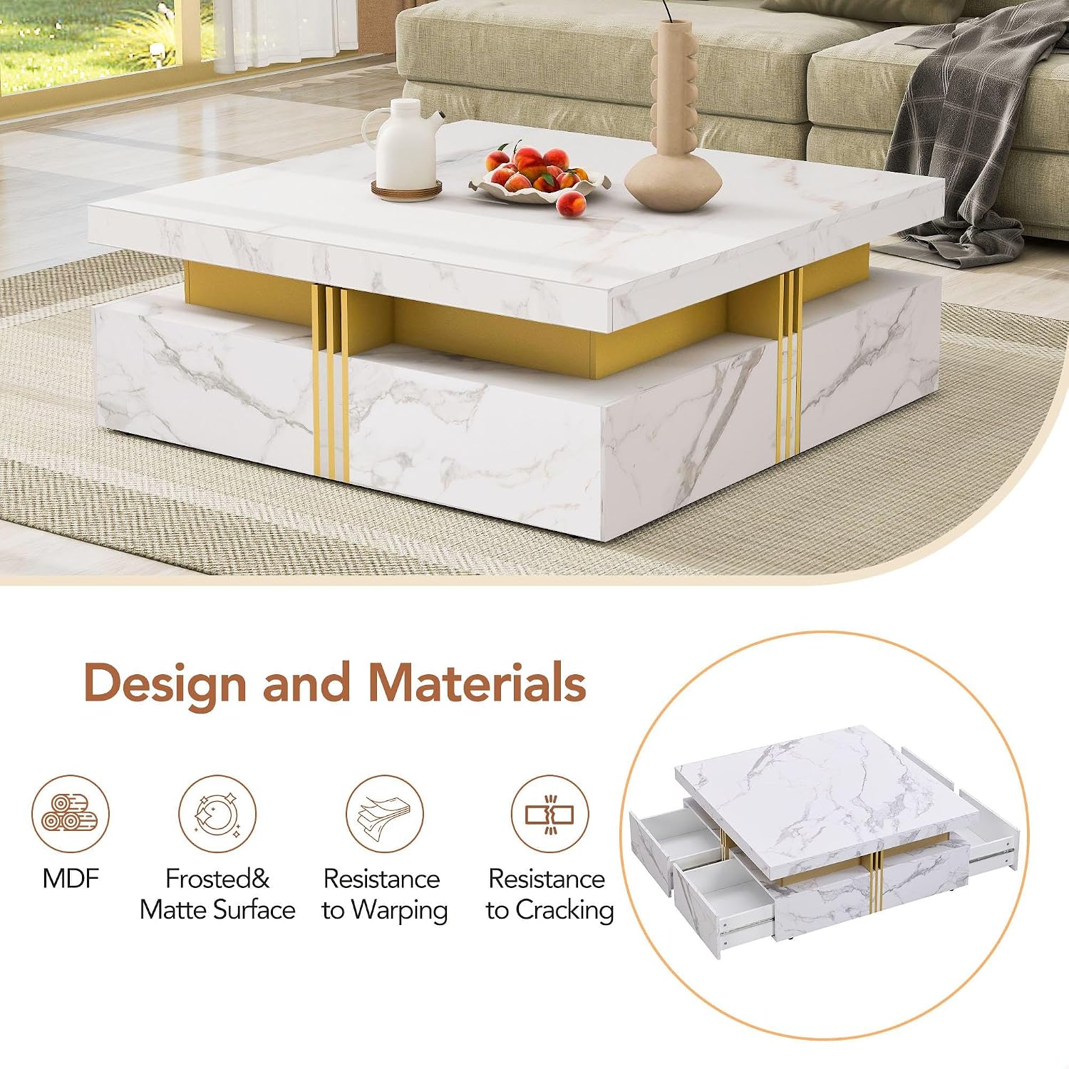 GDFStudio Barsv Modern Square Coffee Table with 4 Drawers, Stylish Storage Accent Table, Living Room Furniture with Ample Space, Remote Control Organizer, Glam Home Decor, White + Gold
