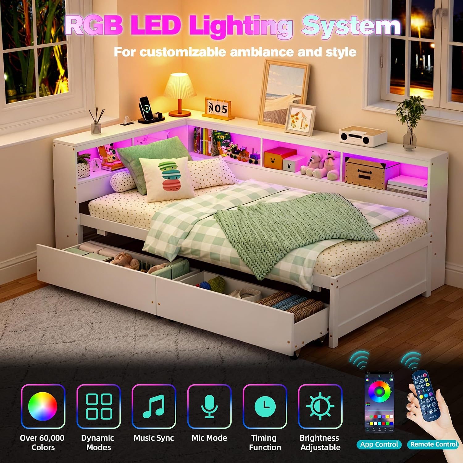 Corner Bed Frame with Bookcase Headboard and Drawers Storage, Twin Size Daybed with Charging Station & LED Lights, Solid Wood Platform Bed with Wooden Slats for Kids Teens Guests, White