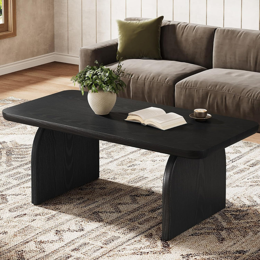 Tribesigns Farmhouse Coffee Table for Living Room, 47-Inch Mid-Century Rectangular Center Table with Rounded Corners, Modern Low Large Cocktail Tea Furniture, Easy Assembly (Black)