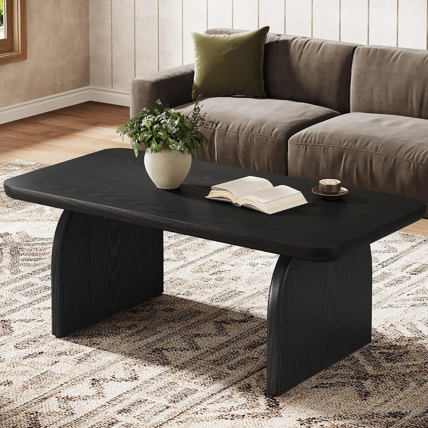 Tribesigns Farmhouse Coffee Table for Living Room, 47-Inch Mid-Century Rectangular Center Table with Rounded Corners, Modern Low Large Cocktail Tea Furniture, Easy Assembly (Black)