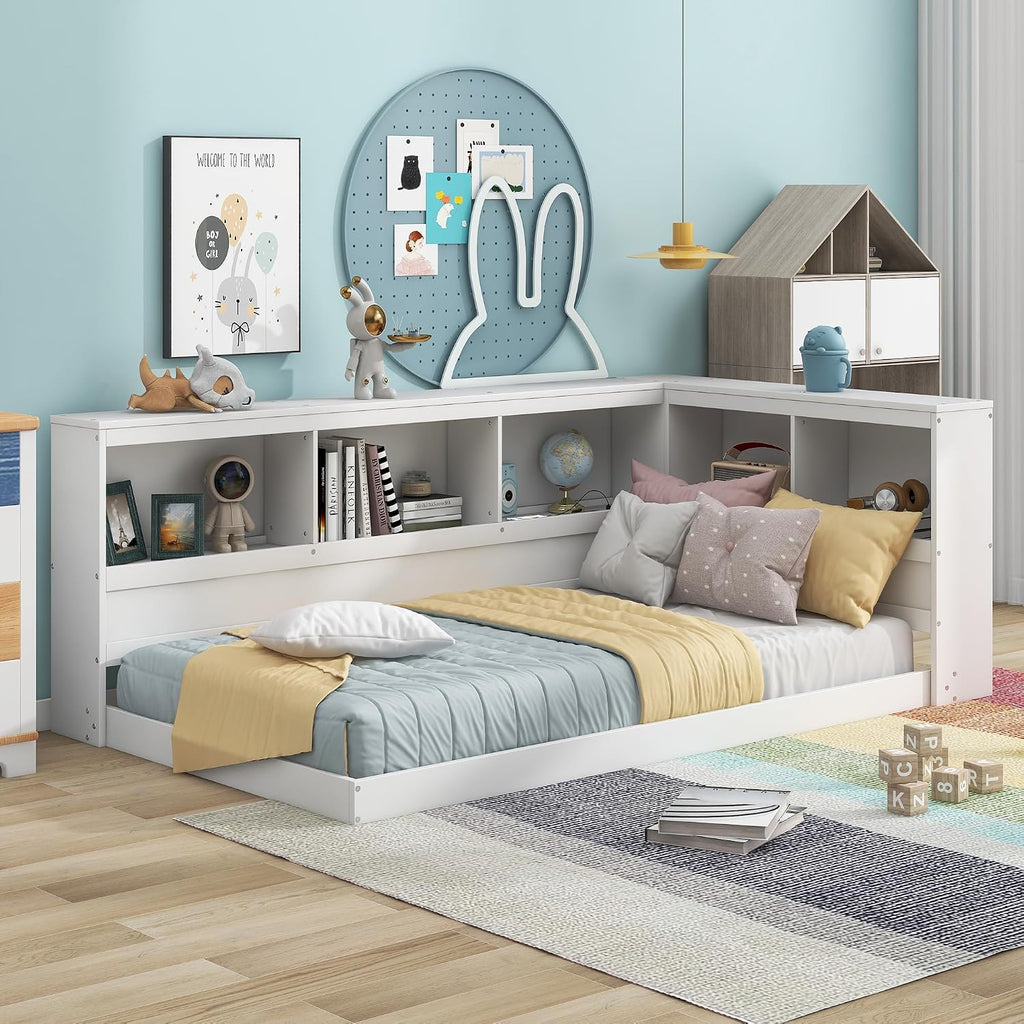 Harper & Bright Designs Twin Size Daybed, Wood Twin Bed Frame with L-Shaped Bookcases and USB Ports,Floor Sofa Bed for Kids Room, Bedroom, Living Room,White