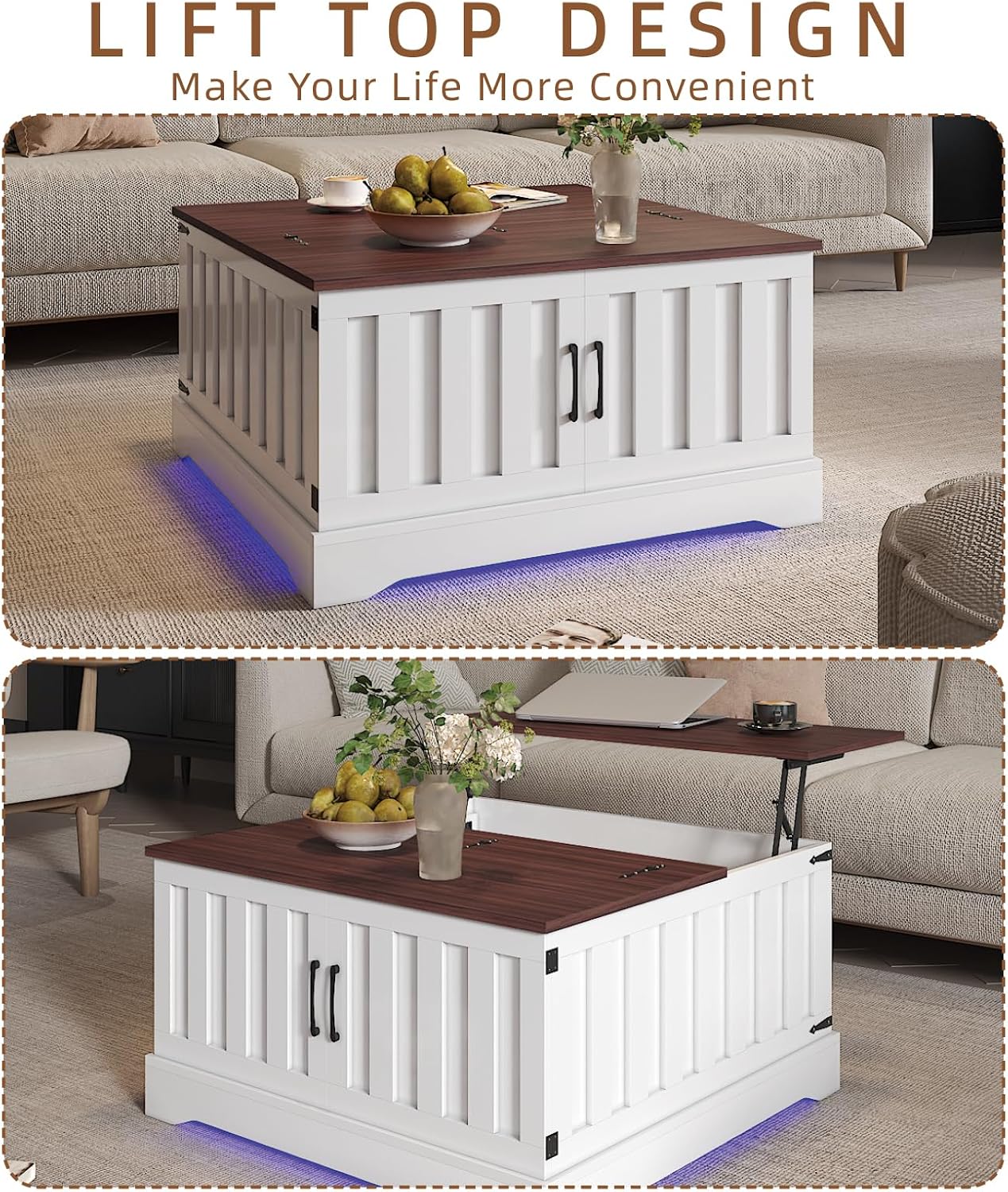 Square Lift Top Coffee Table with Storage, White Brown Led Coffee Table for Living Room with Large Hidden Storage, 30.7' Wood Table Led Center Table for Dining Reception Room