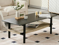 Black Coffee Table for Living Room Farmhouse Coffee Table with Natural Rattan Storage Shelf Large 2-Tier Rectangular Center Table for Living Room Reception