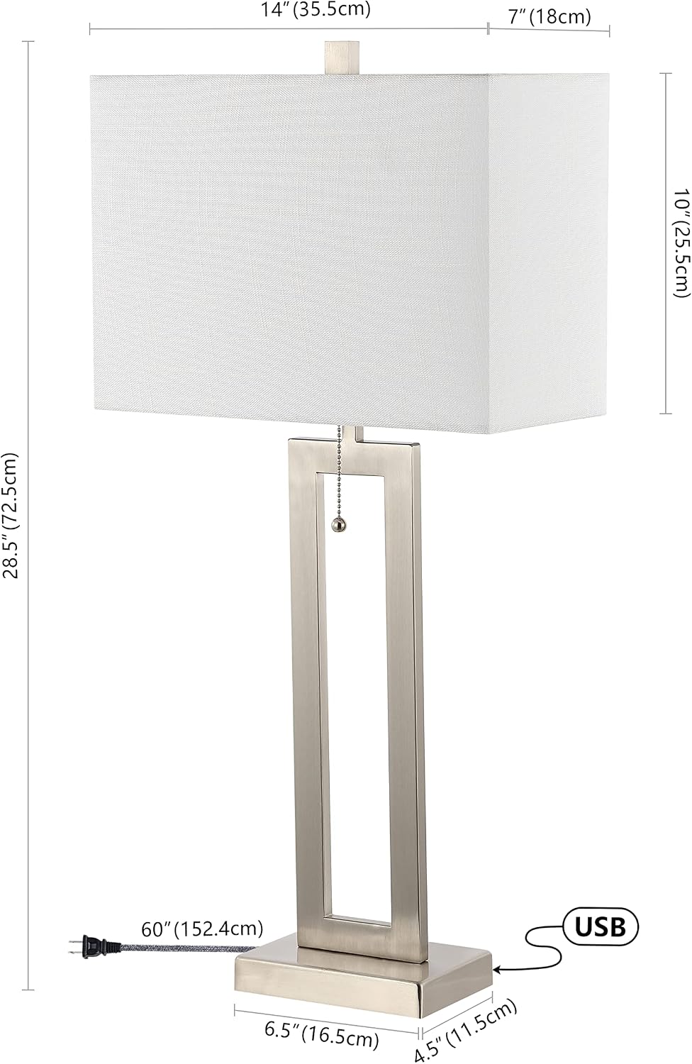 JONATHAN Y 28.5' Nickel Table Lamp Set of 2 with USB Port and Pull Chain, Modern Industrial Bedside Lamp for Living Room, Rectangular White Linen Shade, LED Bulb (JYL1126B-SET2)