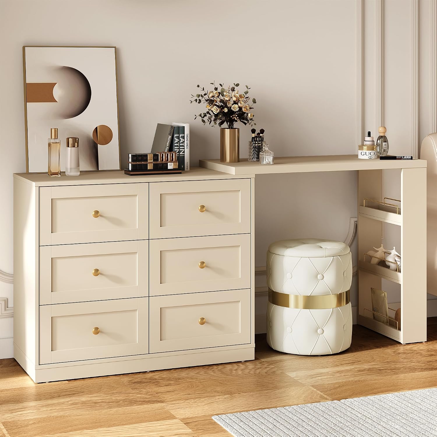 RoyalCraft Extendable Vanity Desk and Dresser Combo, 67' Makeup Vanity Table with Drawers and 3 Side Shelves, Wood Dressing Table for Bedroom, Dressing Room, Beige