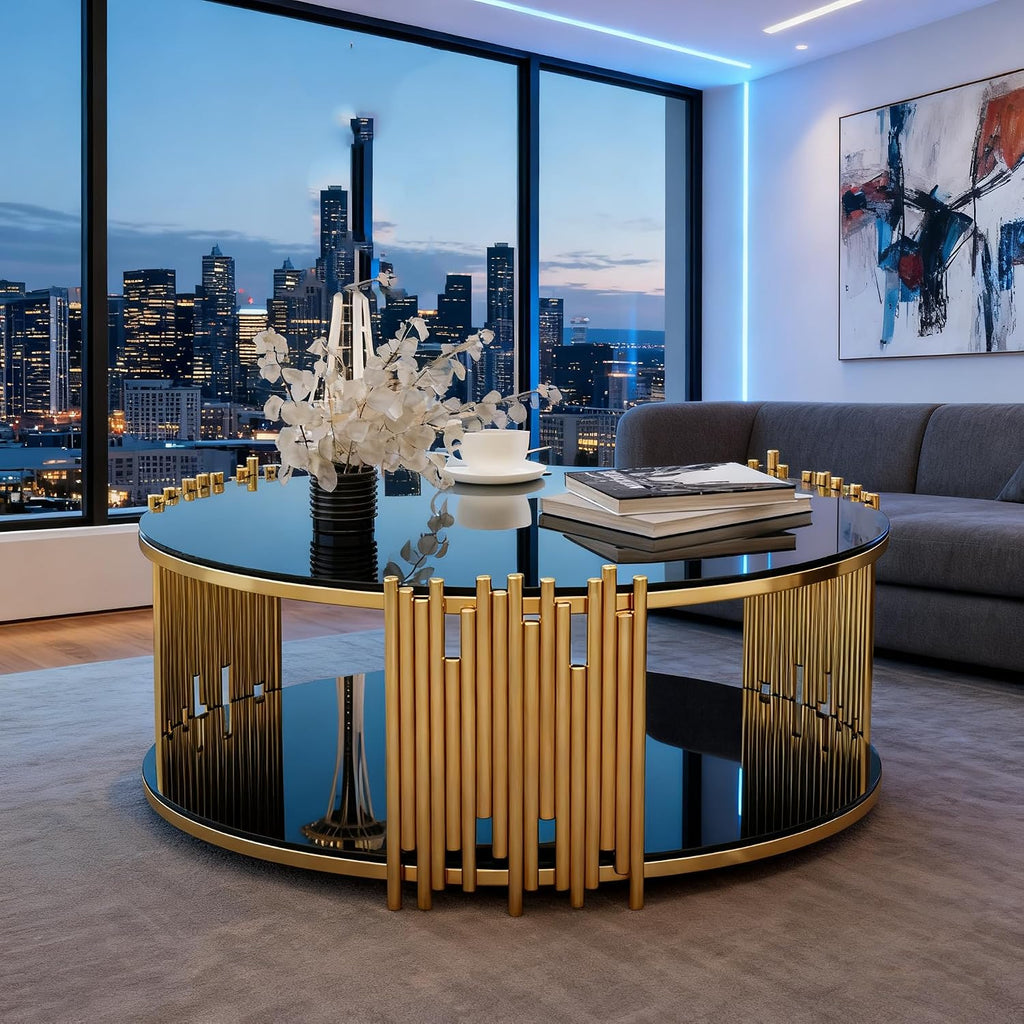 Luxury Round Glass Coffee Table 36', Modern 2-Tier Center Table with Gold Stainless Steel Irregular Legs, Cocktail Table for Living Room, Black and Gold