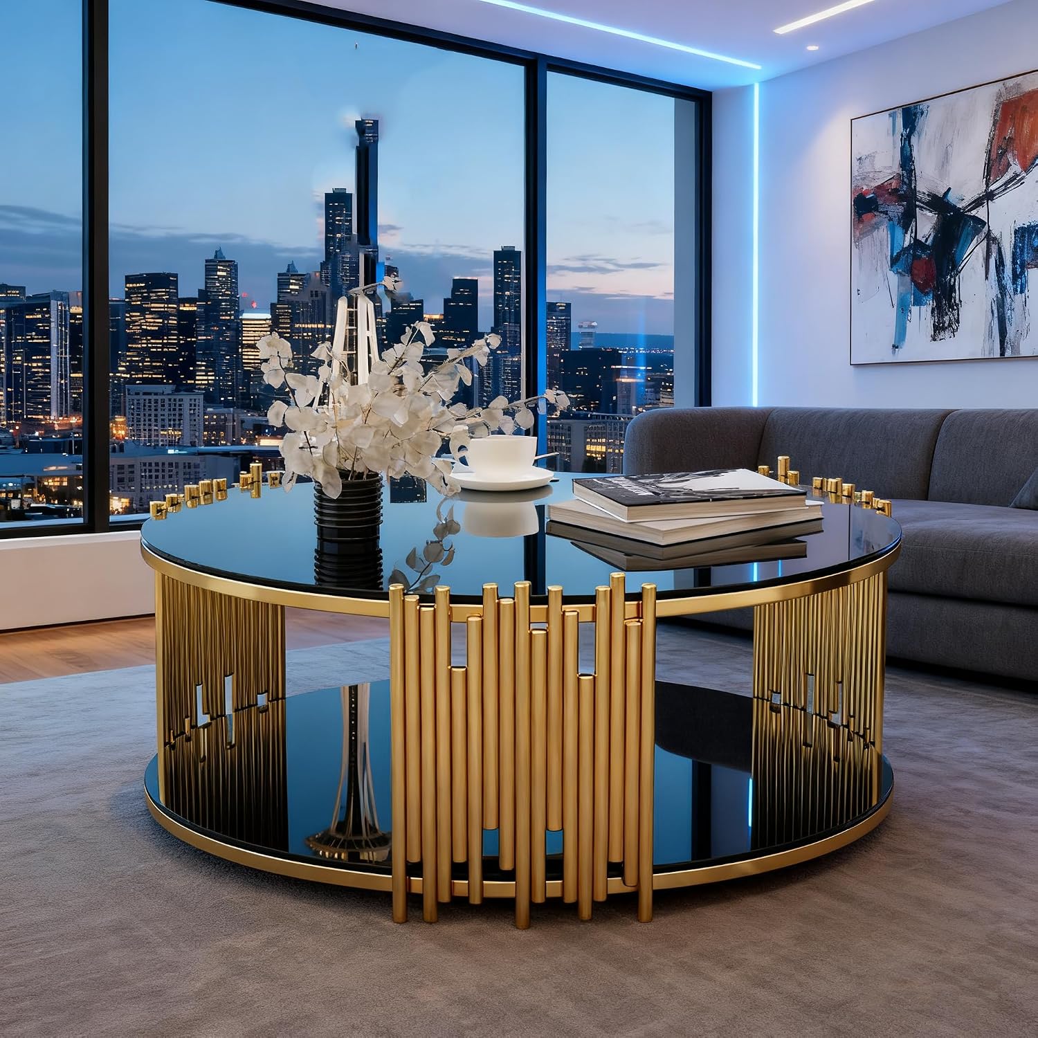 Luxury Round Glass Coffee Table 36', Modern 2-Tier Center Table with Gold Stainless Steel Irregular Legs, Cocktail Table for Living Room, Black and Gold