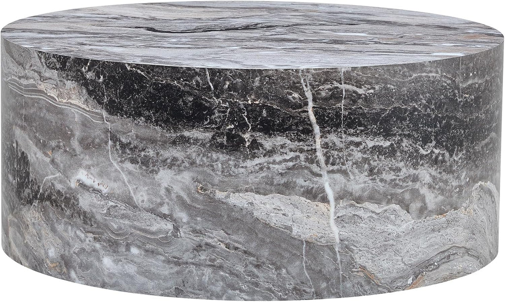 WILLIAMSPACE 27.5' Round Coffee Table for Living Room, Modern Drum Circle Wood Coffee Table, Contemporary Coffee Table Side End Table for Apartment, ø27.5'*12'H (Gray Marble)