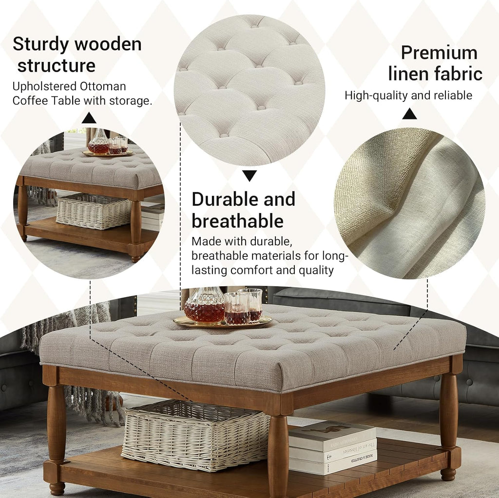 Ottoman Coffee Table, Upholstered Square Coffee Table with Storage Solid Wood Shelf, Linen Large Footrest Ottoman Pouf for Living Room, Linen