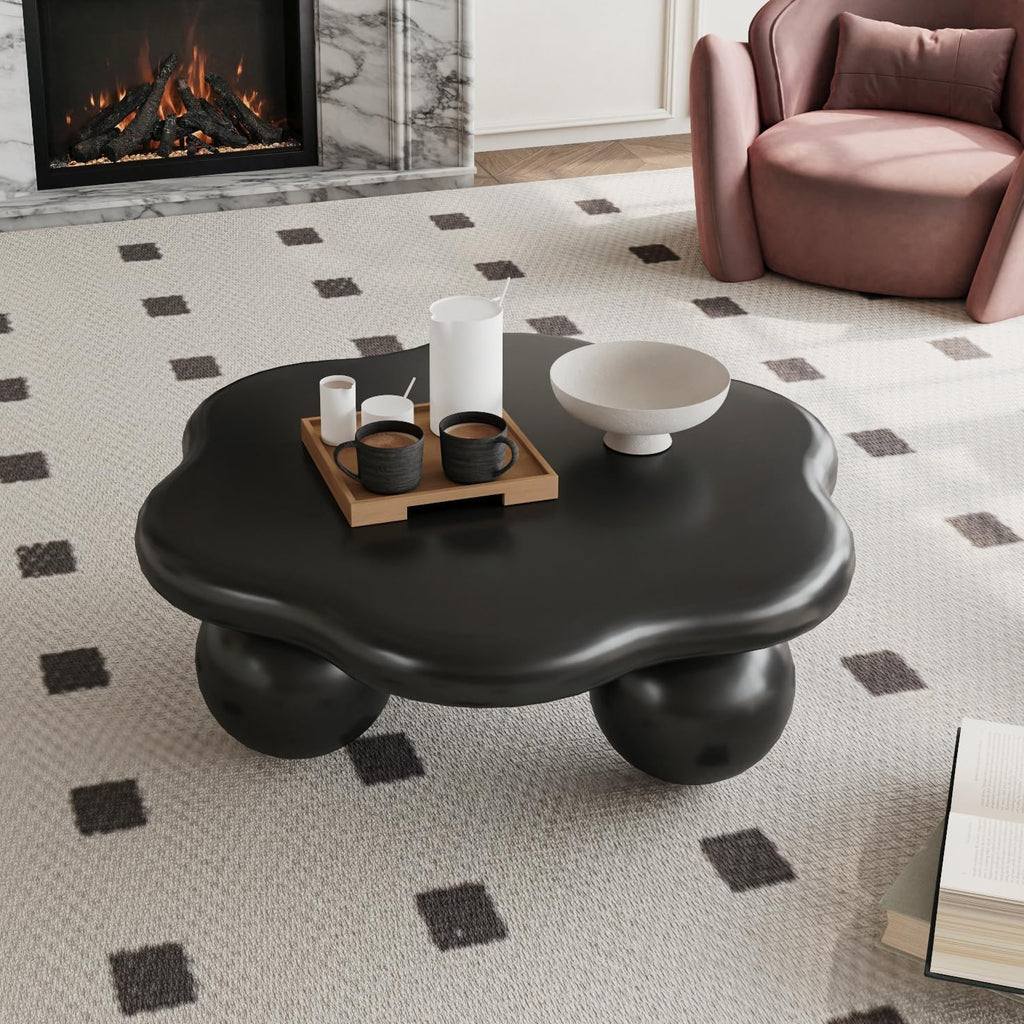 35.03' Cloud Coffee Table for Living Room Unique Coffee Table Modern Low Coffee Tables Cute Center Table with 3 Ball Legs for Small Space Apartment Cream Flower-Black