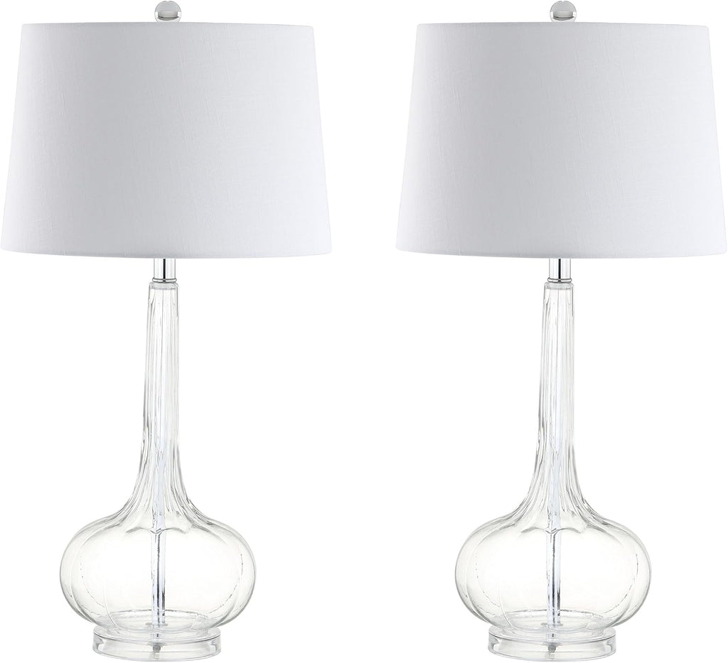 JONATHAN Y 28.5' Clear Glass Teardrop LED Table Lamp Set of 2 for Living Room Bedroom Nightstand, White Linen Shade Modern Transitional Bedside Desk Lamp (JYL1079C-SET2)