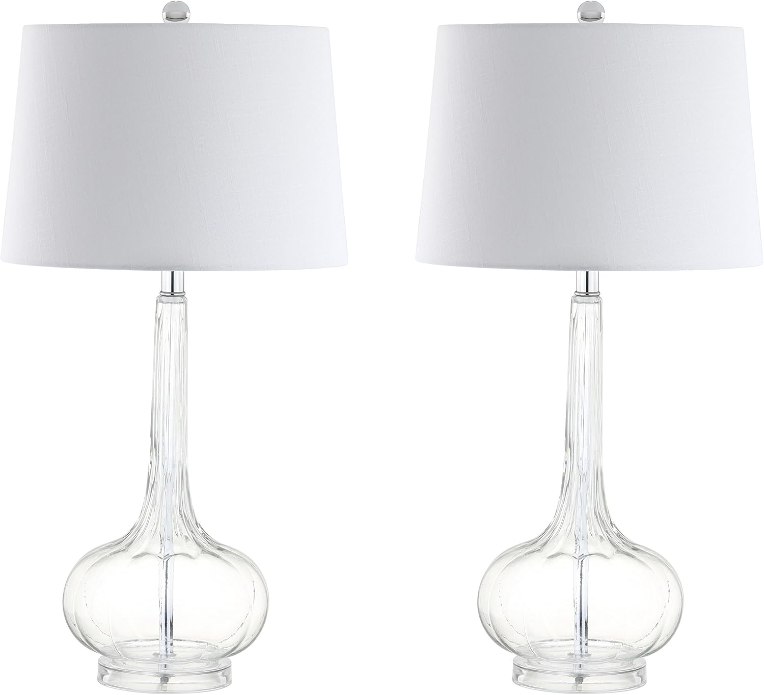 JONATHAN Y 28.5' Clear Glass Teardrop LED Table Lamp Set of 2 for Living Room Bedroom Nightstand, White Linen Shade Modern Transitional Bedside Desk Lamp (JYL1079C-SET2)