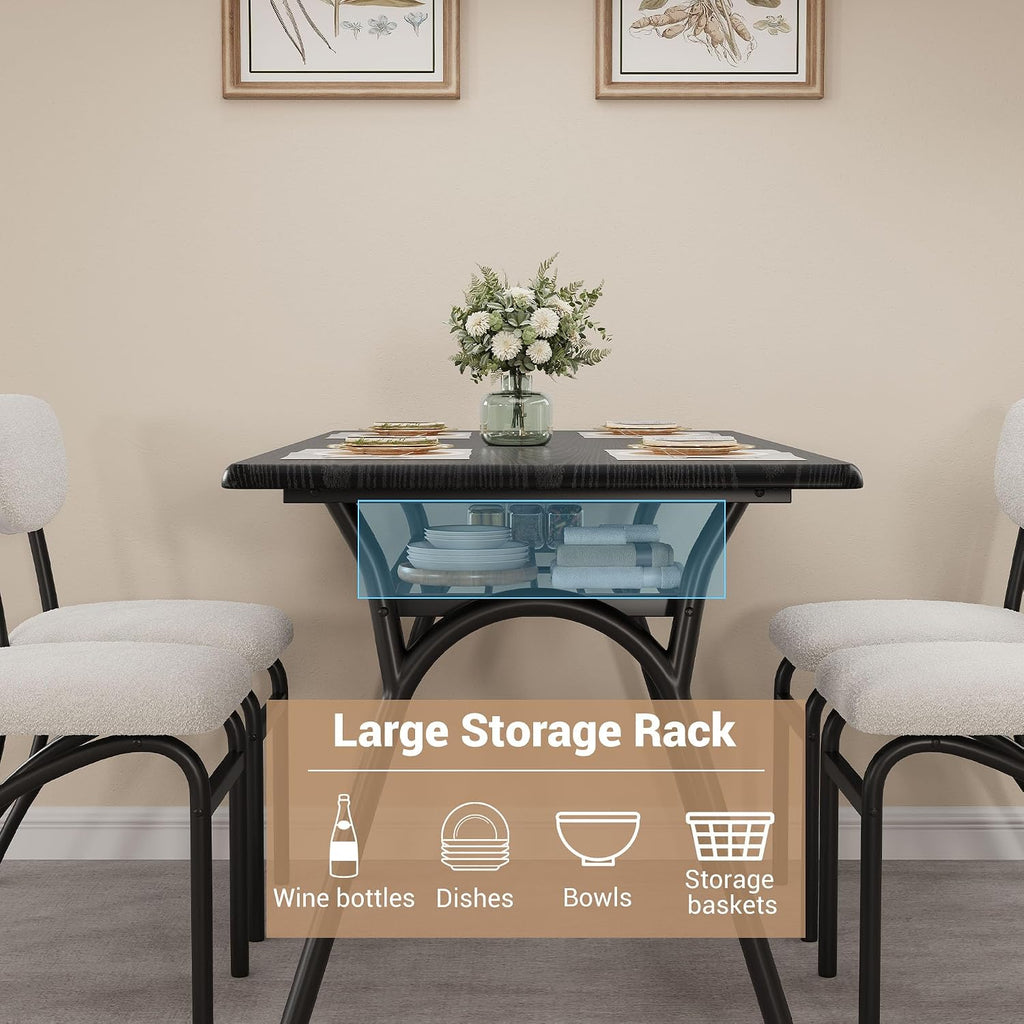 GarveeHome 5-Piece Dining Table Set for 4, Modern Kitchen Table with 4 Boucle Chairs, Rectangular Dining Table with Storage Shelf & Marble Tabletop, Home Dining Furniture for Small Space, Beige+Black