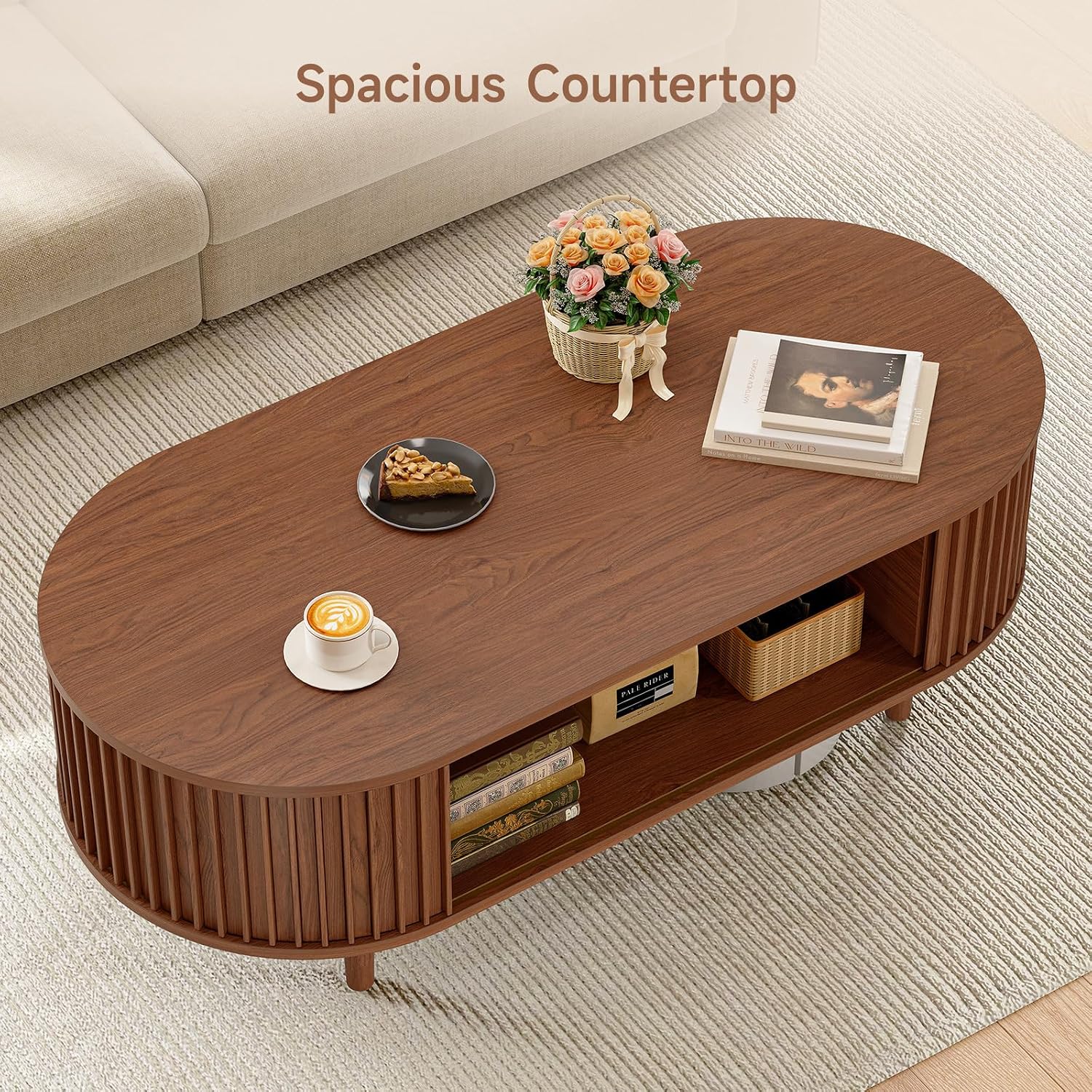 ONBRILL Fluted Oval Coffee Table, 43' Mid Century Modern Coffee Table with Storage, Wood Living Room Tables with Sliding Door, Center Tables for Living Room Apartment Small Space Walnut