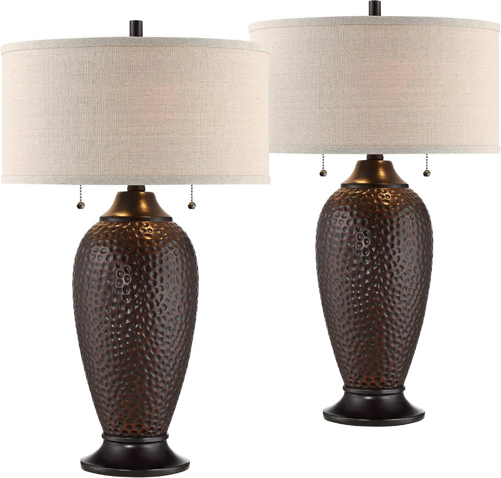360 Lighting Cody Rustic Farmhouse 3-Way Table Lamps 26' High Set of 2 with Table Top Dimmers Hammered Oiled Bronze Oatmeal Linen Drum Shade for Living Room Bedroom House Bedside Nightstand