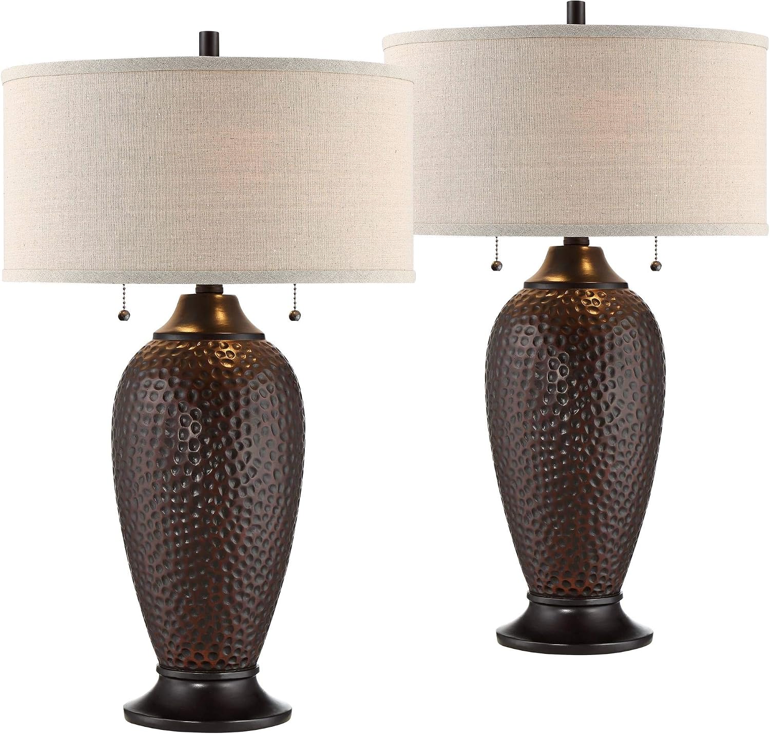 360 Lighting Cody Rustic Farmhouse 3-Way Table Lamps 26' High Set of 2 with Table Top Dimmers Hammered Oiled Bronze Oatmeal Linen Drum Shade for Living Room Bedroom House Bedside Nightstand